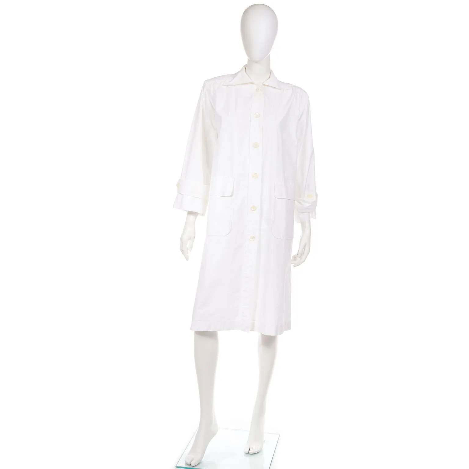 1980s Yves Saint Laurent Vintage White Cotton Coat or Coat Dress