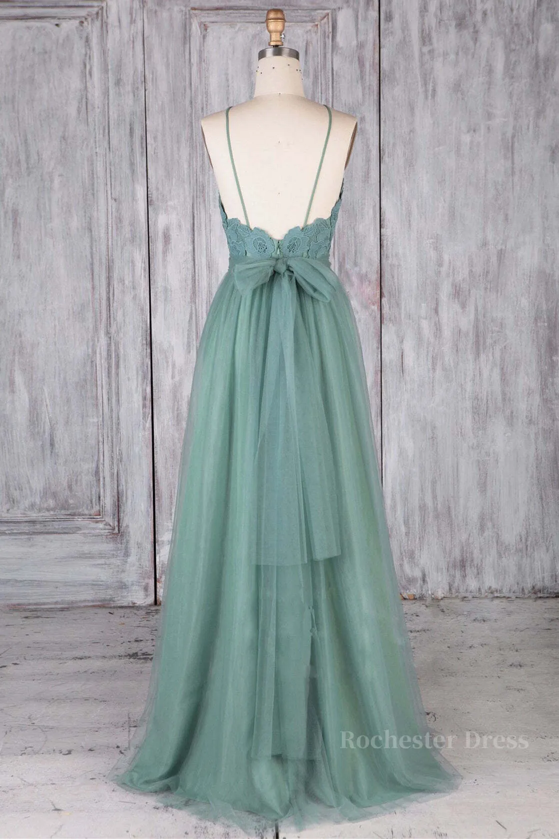 A Line Backless Lace Green Long Prom Dresses, Backless Green Lace Formal Graduation Evening Dresses