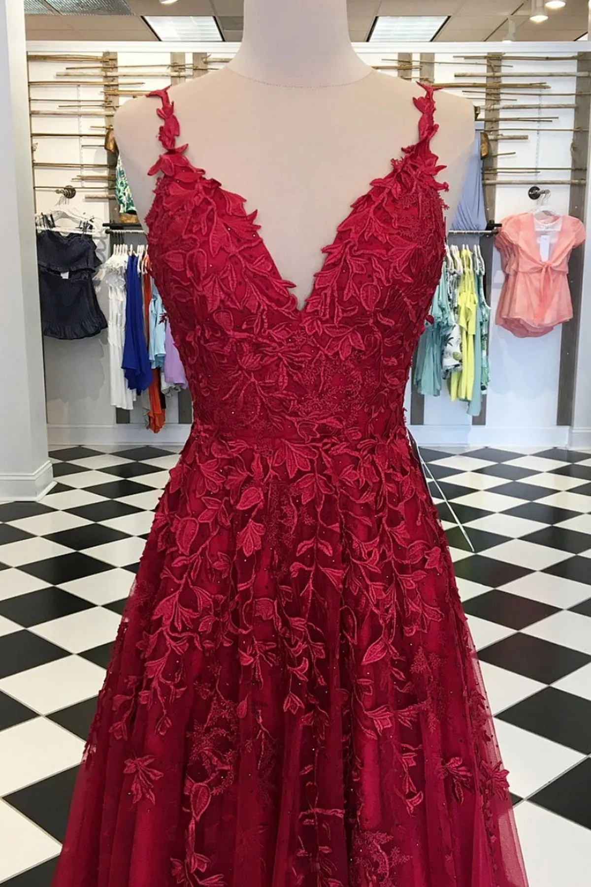 A Line V Neck Burgundy Lace Prom Dresses, Wine Red Lace Formal Evening Dresses