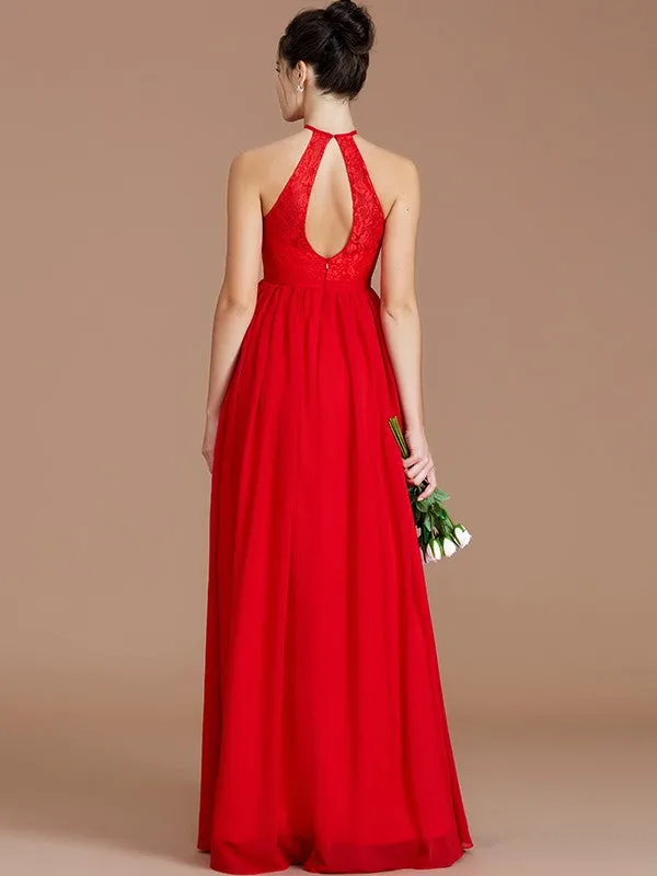 A-Line/Princess Halter Sleeveless Lace Floor-Length Chiffon Bridesmaid Dresses