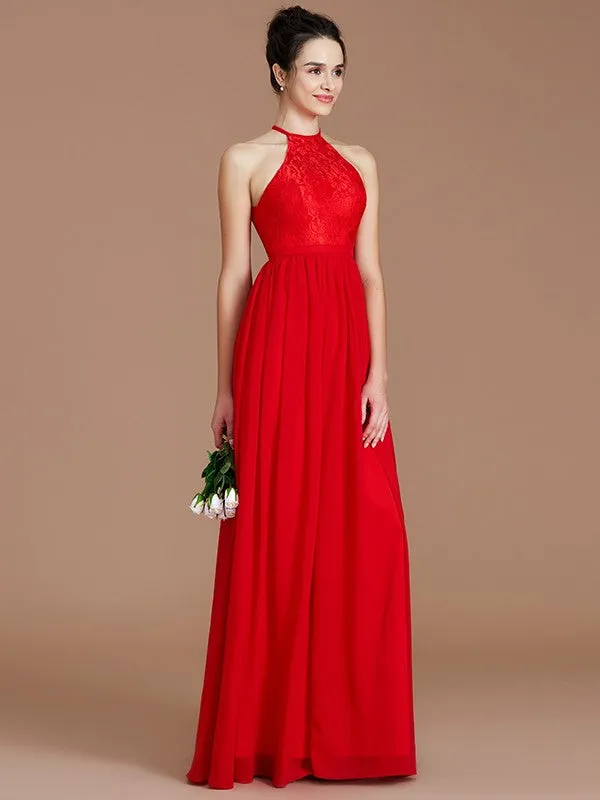 A-Line/Princess Halter Sleeveless Lace Floor-Length Chiffon Bridesmaid Dresses