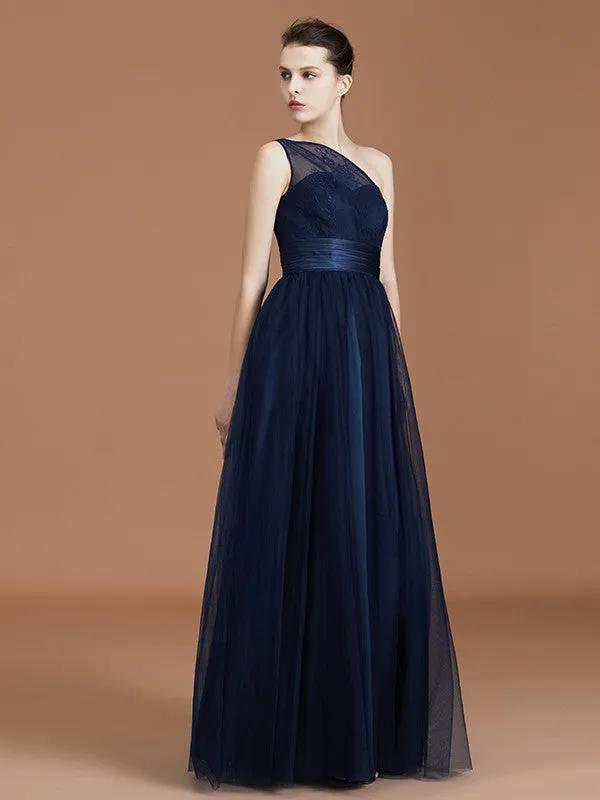 A-line/Princess One-Shoulder Lace Tulle Sleeveless Floor-Length Bridesmaid Dresses