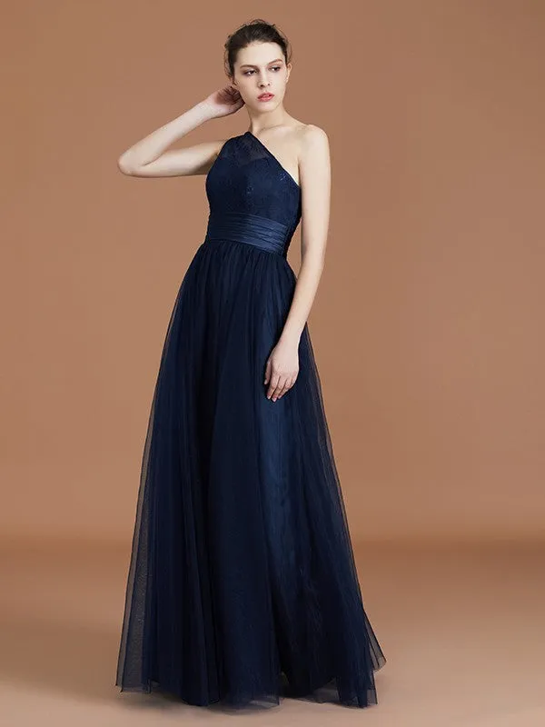 A-line/Princess One-Shoulder Lace Tulle Sleeveless Floor-Length Bridesmaid Dresses