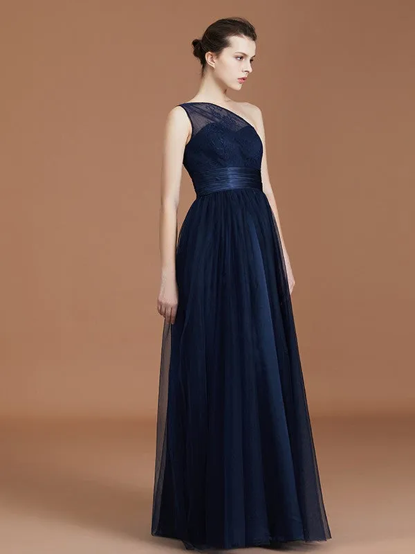 A-line/Princess One-Shoulder Lace Tulle Sleeveless Floor-Length Bridesmaid Dresses