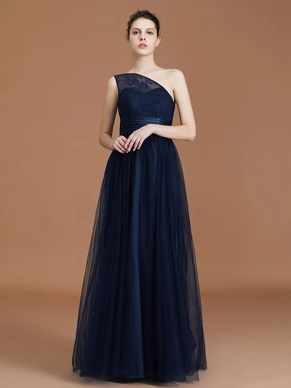 A-line/Princess One-Shoulder Lace Tulle Sleeveless Floor-Length Bridesmaid Dresses