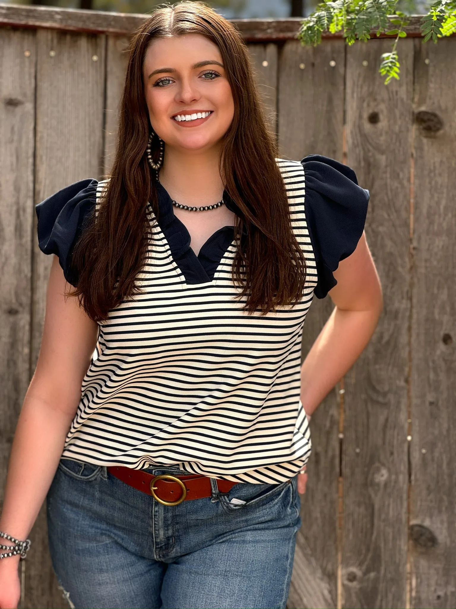 Alex Navy & Cream Stripe Ruffle Blouse