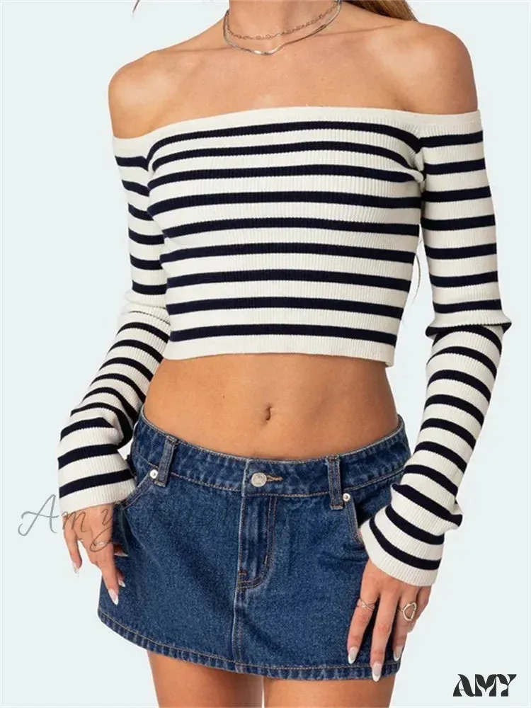 Amy Fashion - Long Sleeve Off-shoulder Striped  Exposed Navel T-Shirts