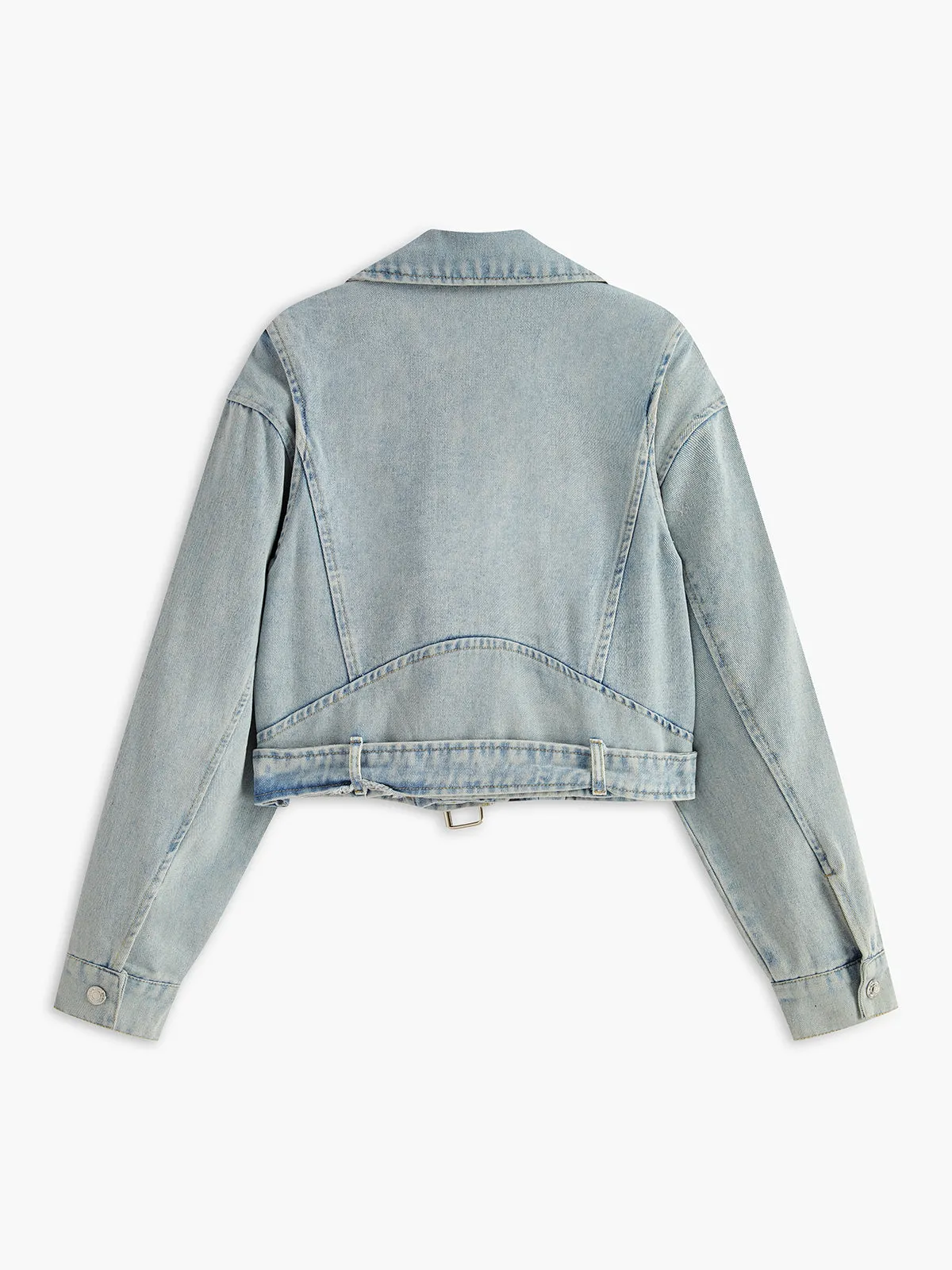 Asymmetrical Zipper Belted Denim Jacket