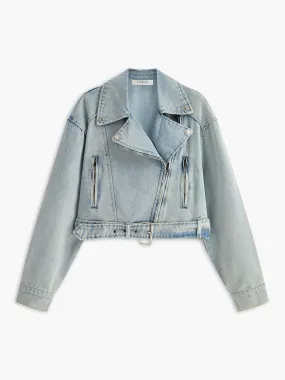 Asymmetrical Zipper Belted Denim Jacket