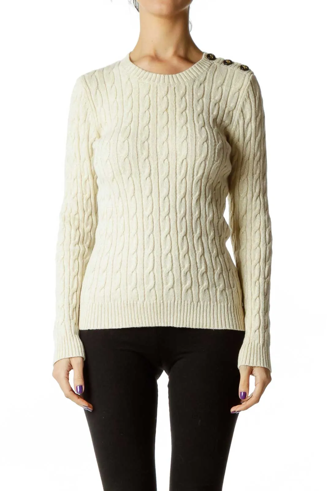 Beige Metallic Cable Knit Sweater