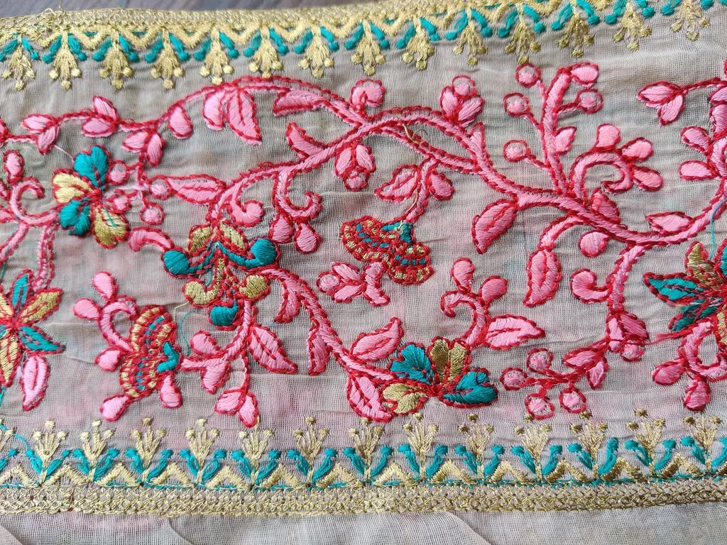 Beige Thread Work Embroidered Chanderi Border