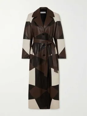 Belted patchwork leather coat