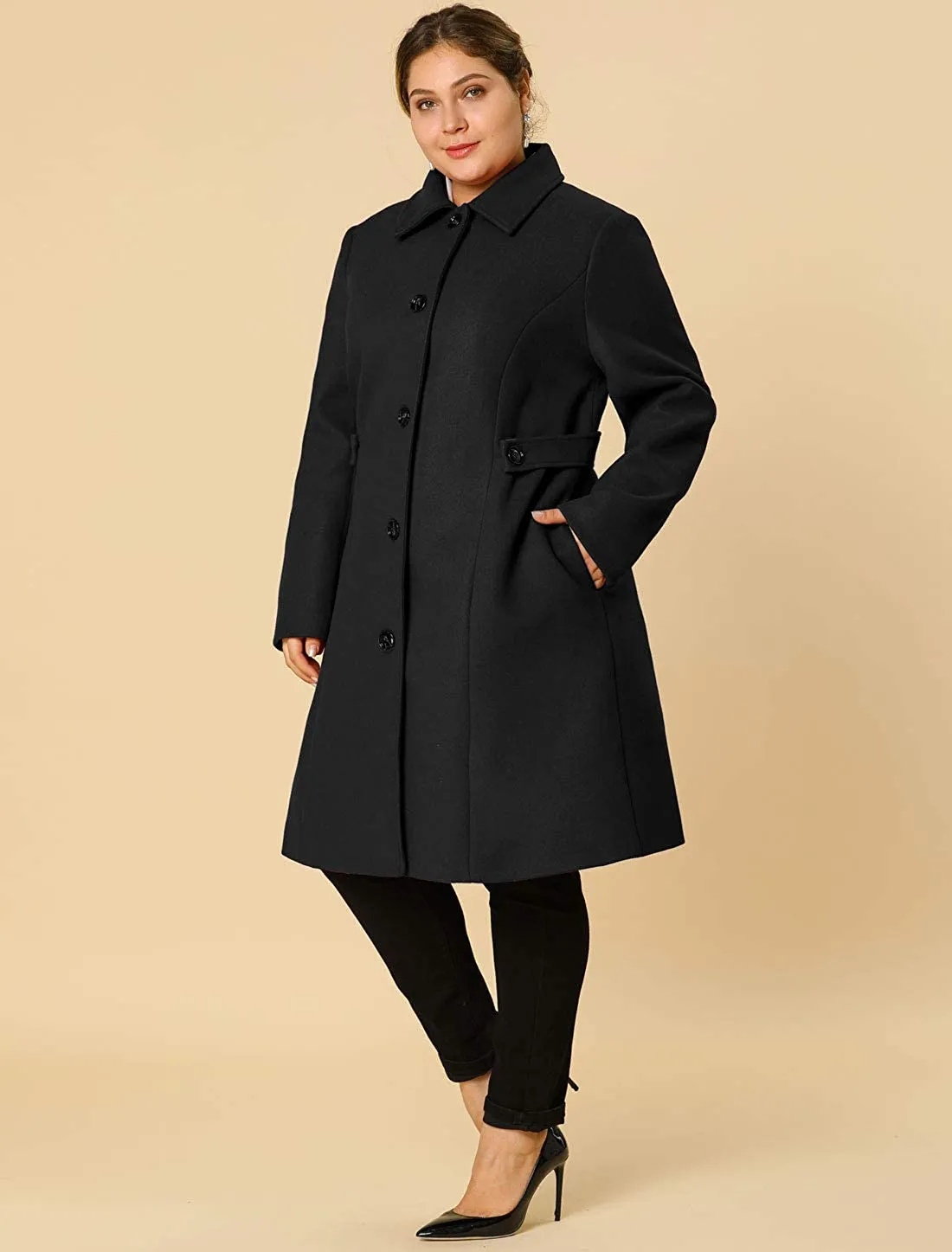 Belted Single Breasted Black Plus Size Winter Long Coat