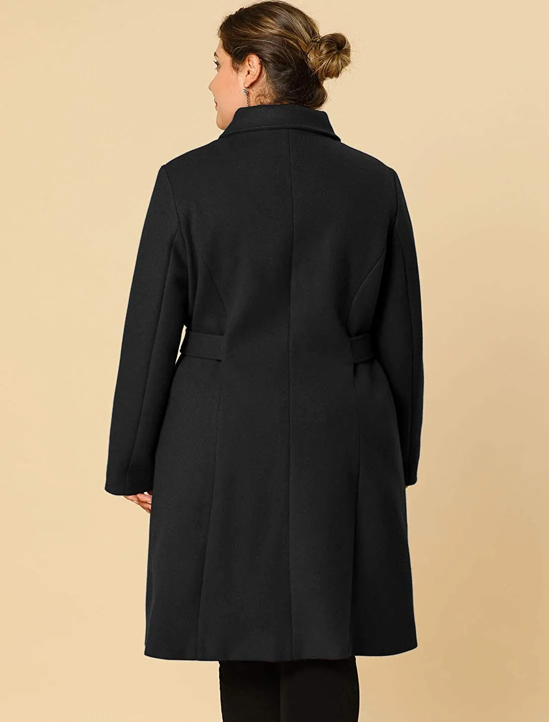 Belted Single Breasted Black Plus Size Winter Long Coat