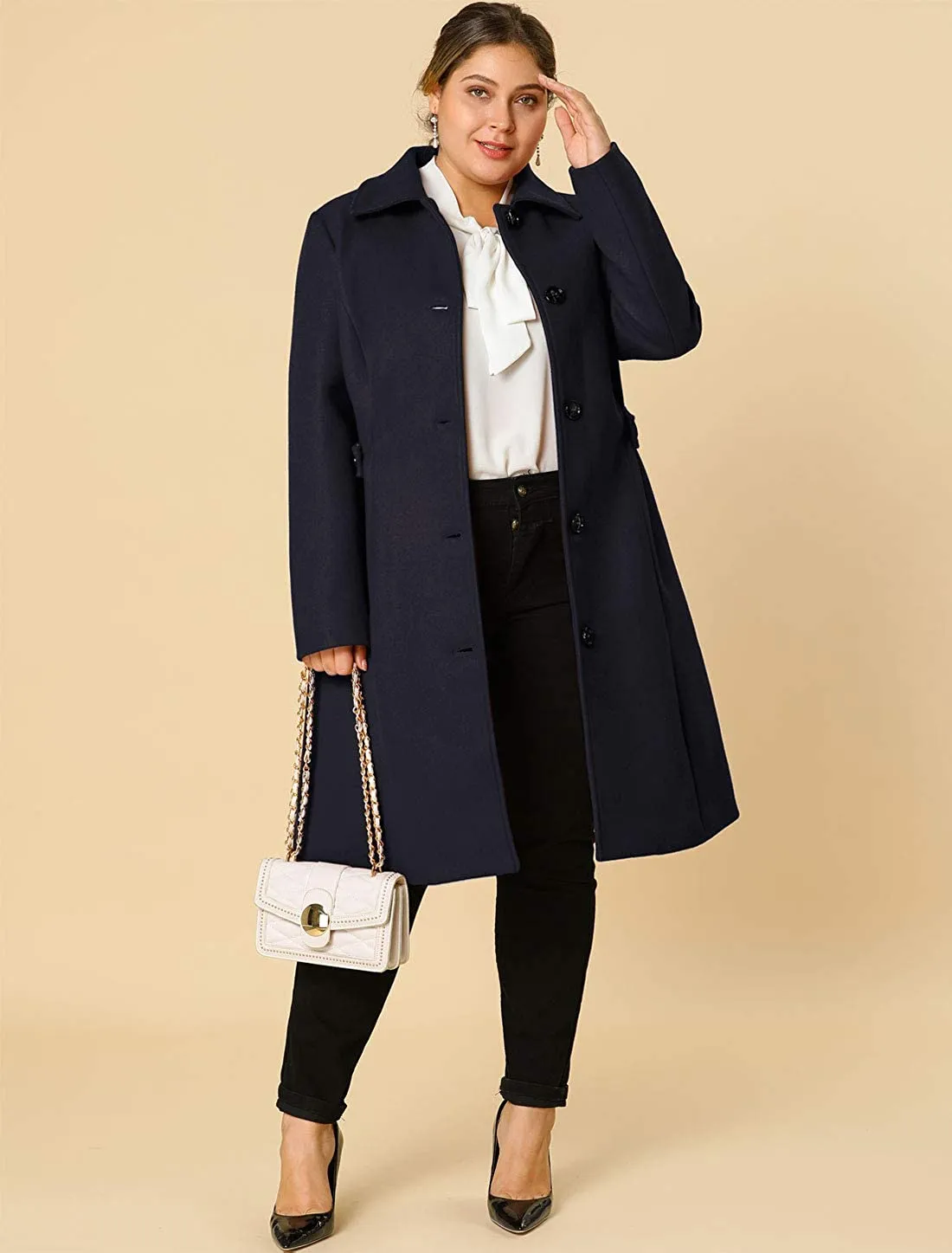 Belted Single Breasted Dark Blue Plus Size Winter Long Coat