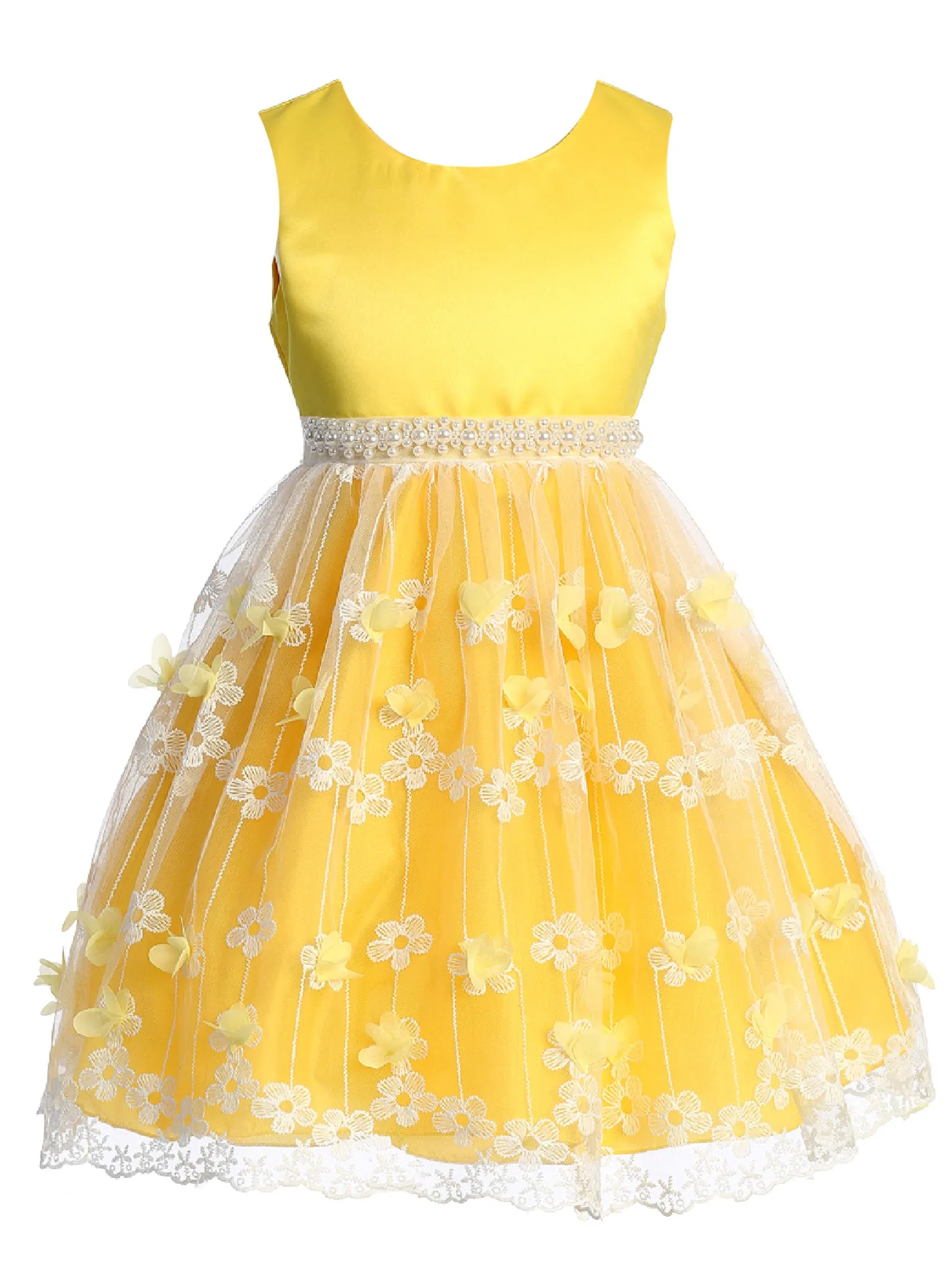 Big Girls Yellow Flower Appliques Embroidered Tulle Junior Bridesmaid Dress 8-14