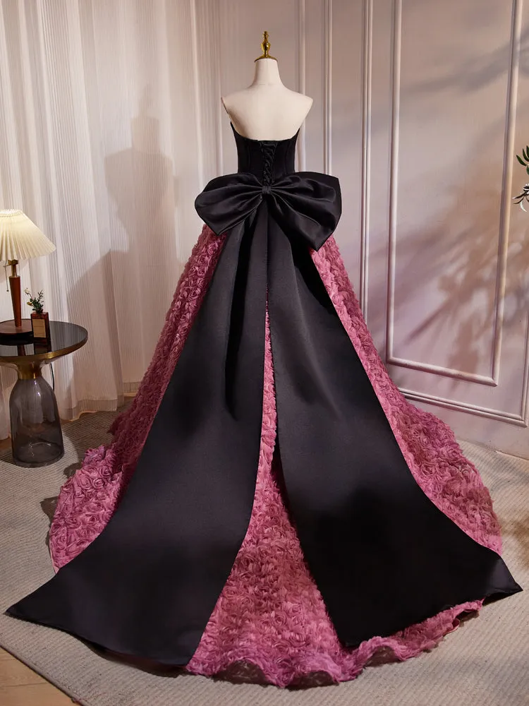 Black Pink Bow Tie Hepburn Style Flower Long Prom Dresses