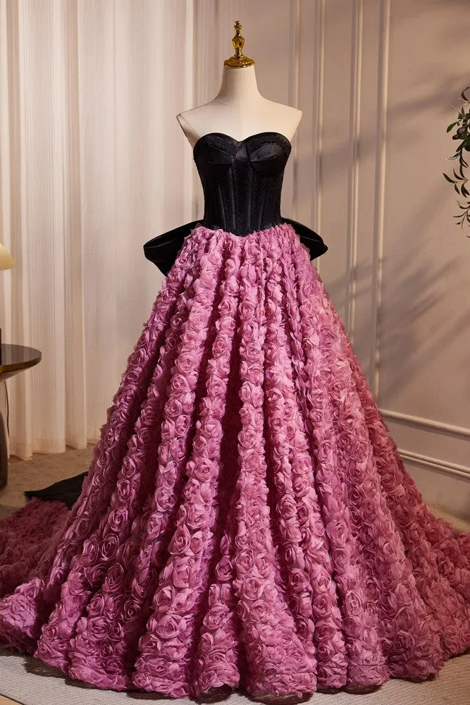 Black Pink Bow Tie Hepburn Style Flower Long Prom Dresses