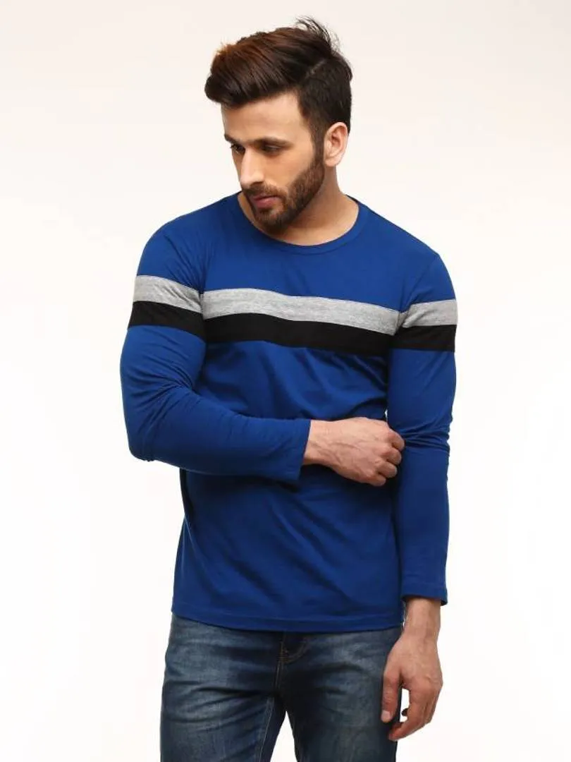 Blue Cotton Striped Round Neck Tees