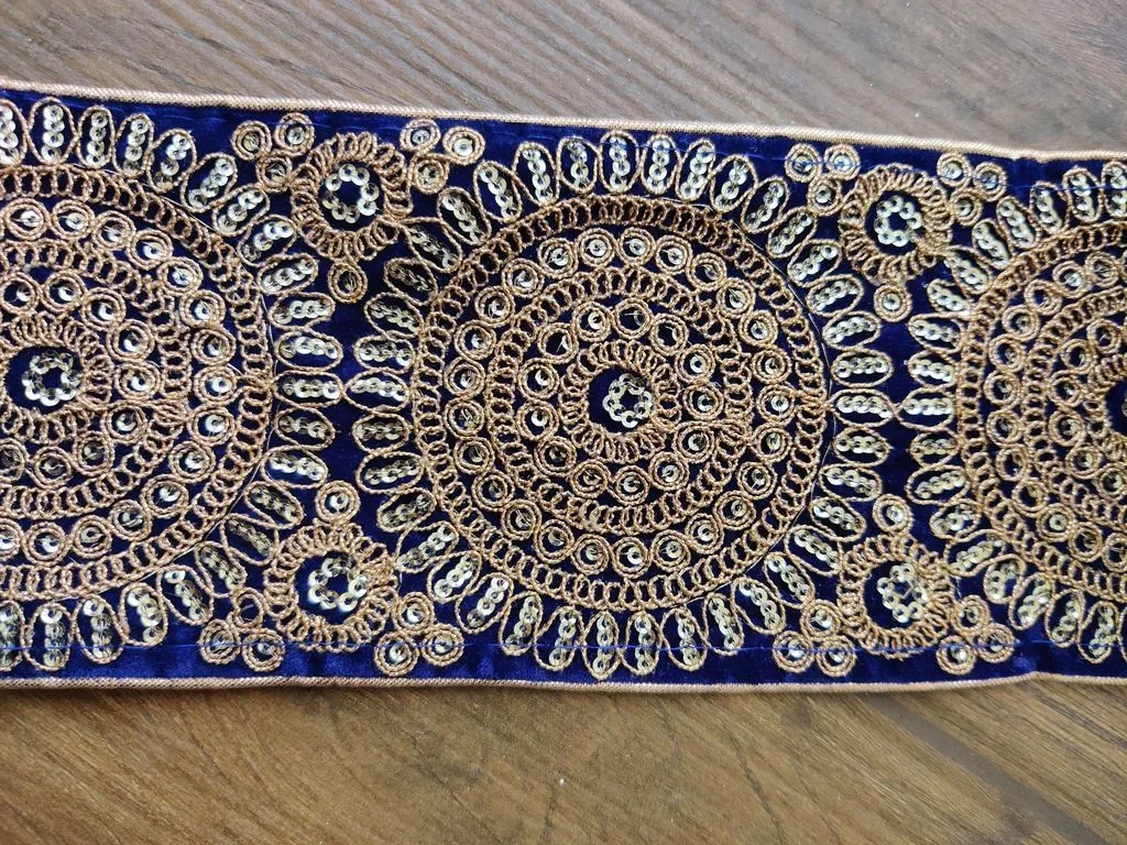 Blue Golden Sequins and Thread Work Embroidered Border