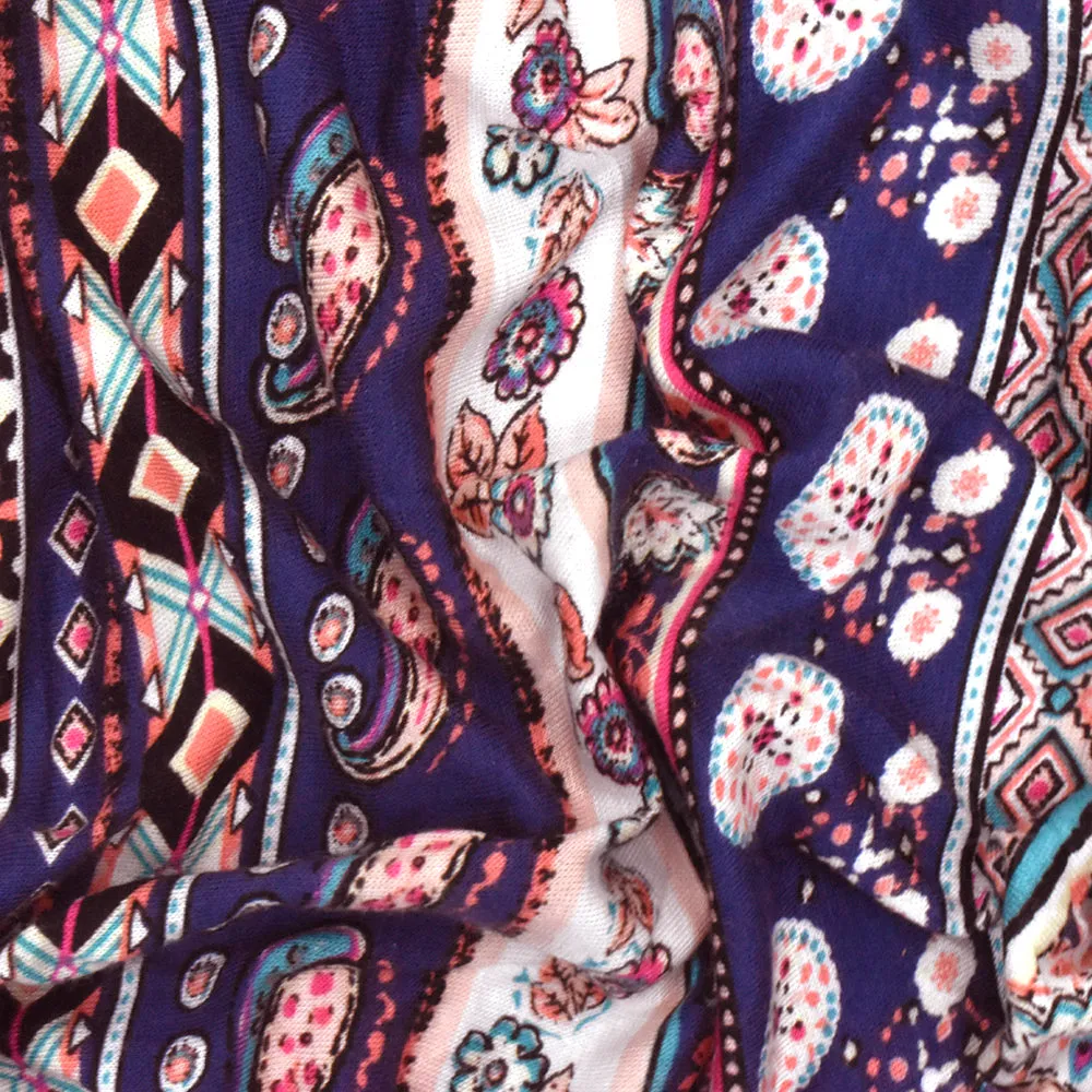 Blue-Multi Striped Floral Paisley Printed Rayon Stretch Jersey Knit Fabric