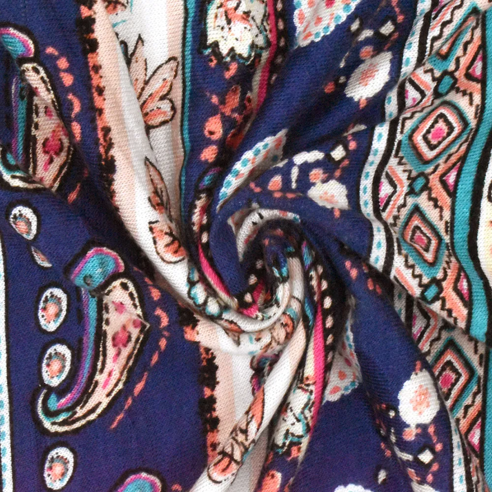 Blue-Multi Striped Floral Paisley Printed Rayon Stretch Jersey Knit Fabric