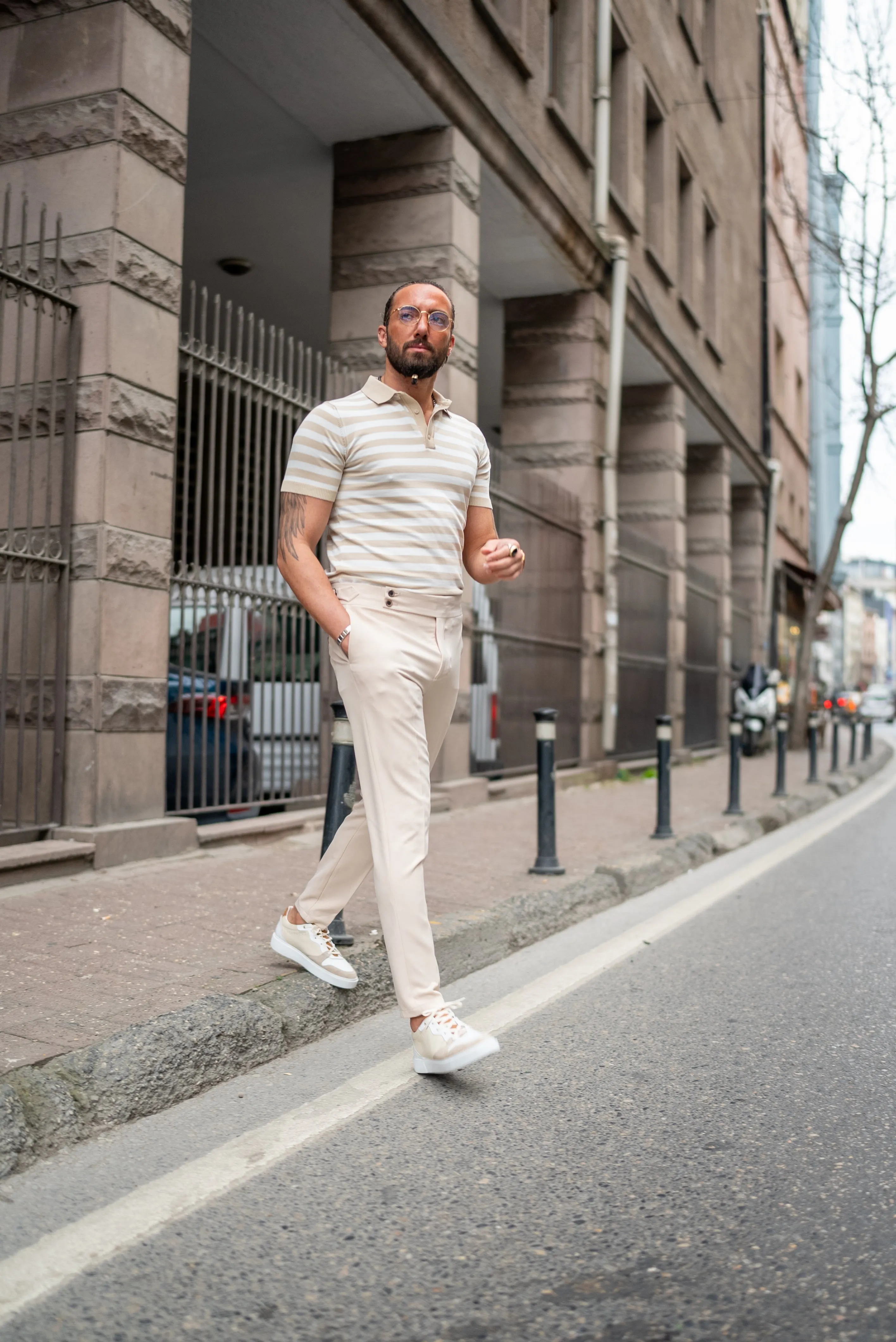 Bojoni Bath Beige Striped Polo Shirt