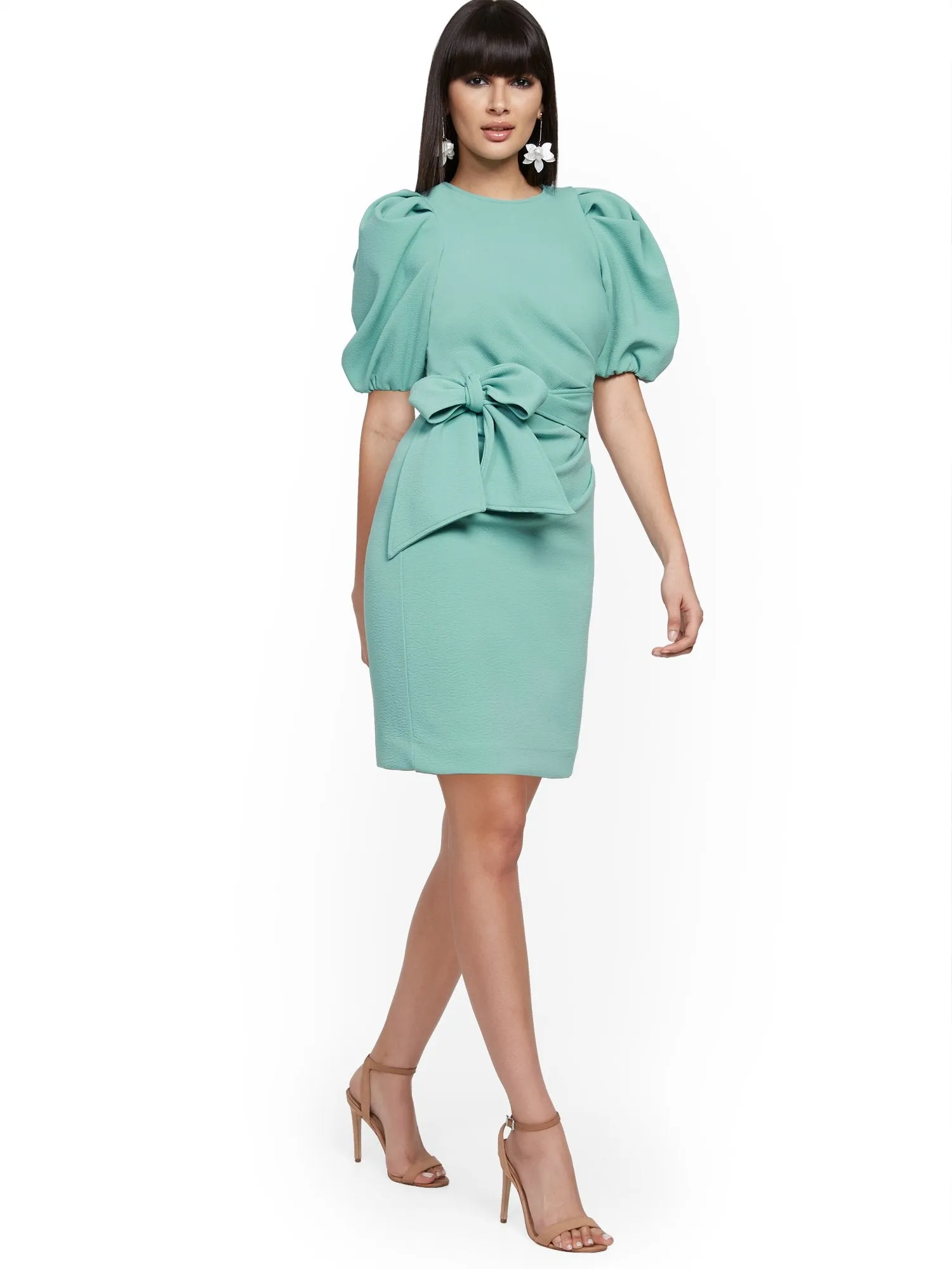 Bow-Accent Pleated Sheath Dress