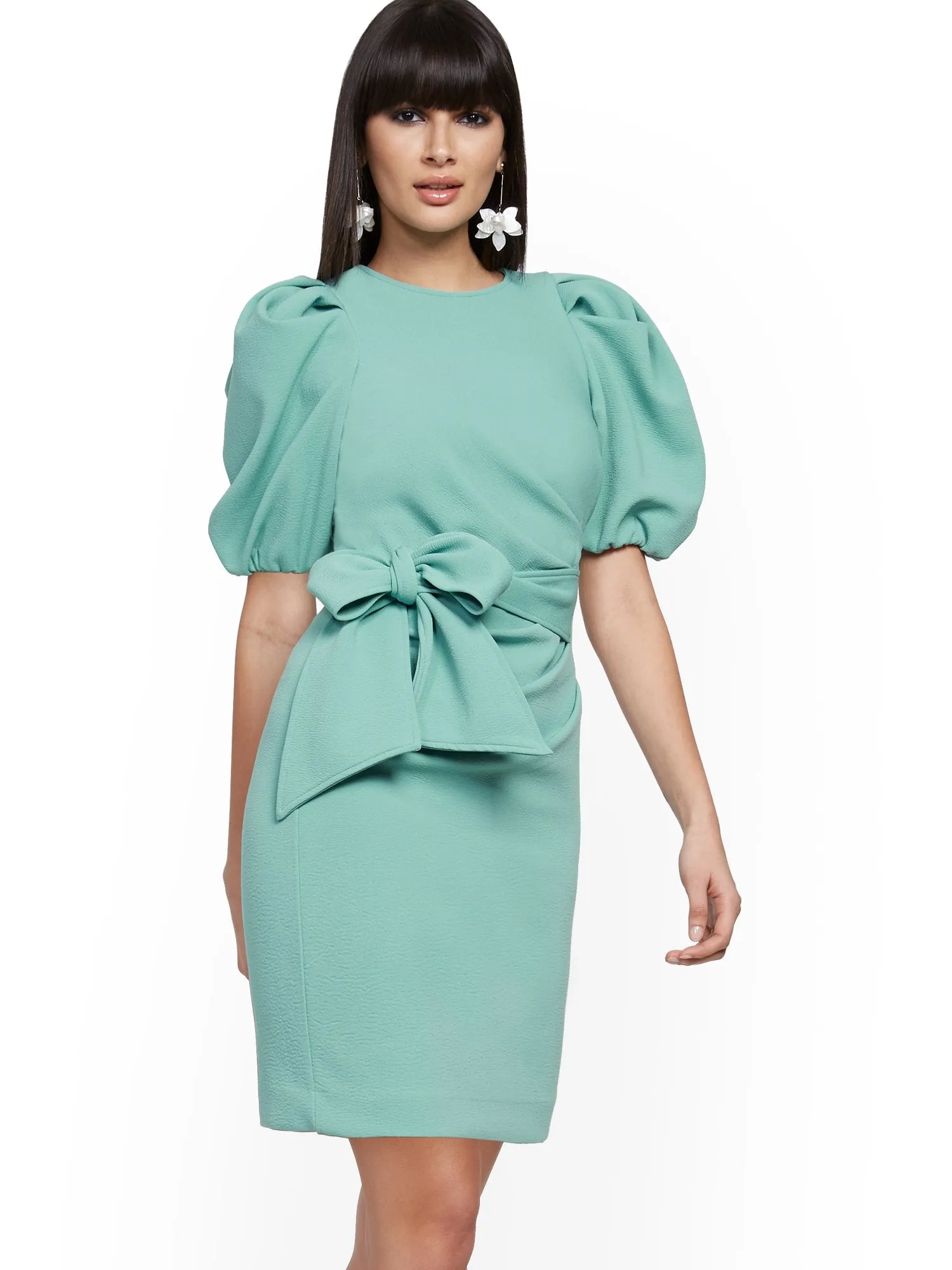 Bow-Accent Pleated Sheath Dress