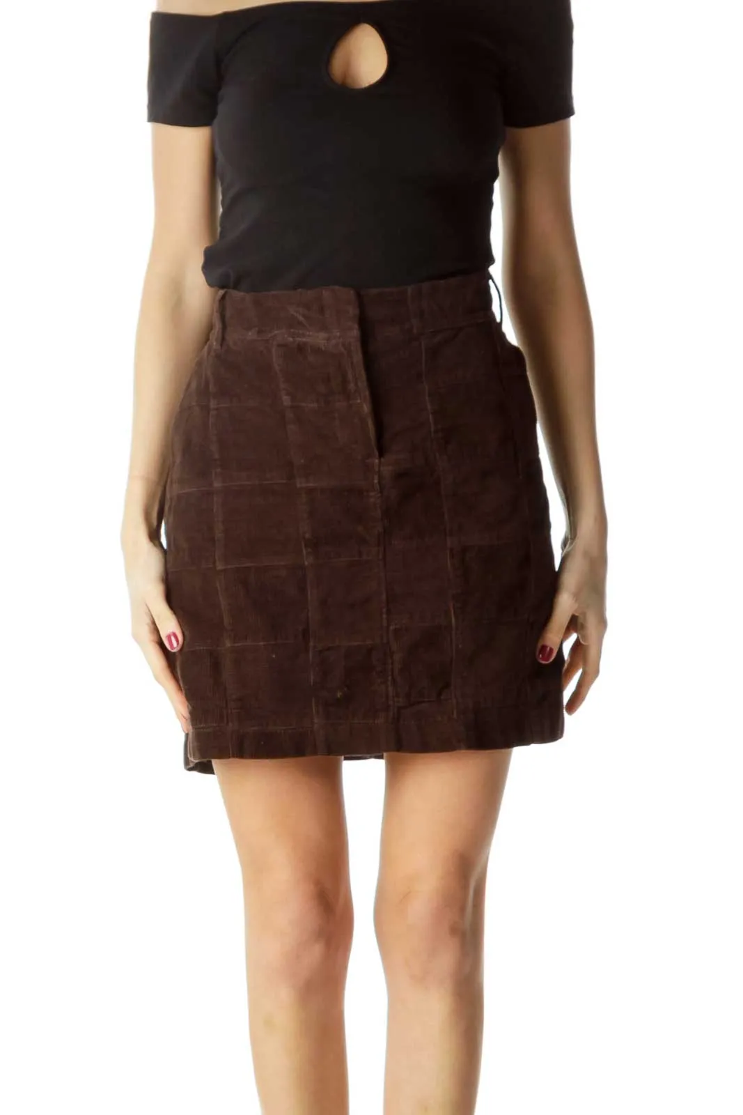 Brown  100% Cotton Corduroy Checkered Skirt