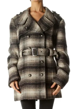 Brown Beige Black Weighted Textured Belted Coat