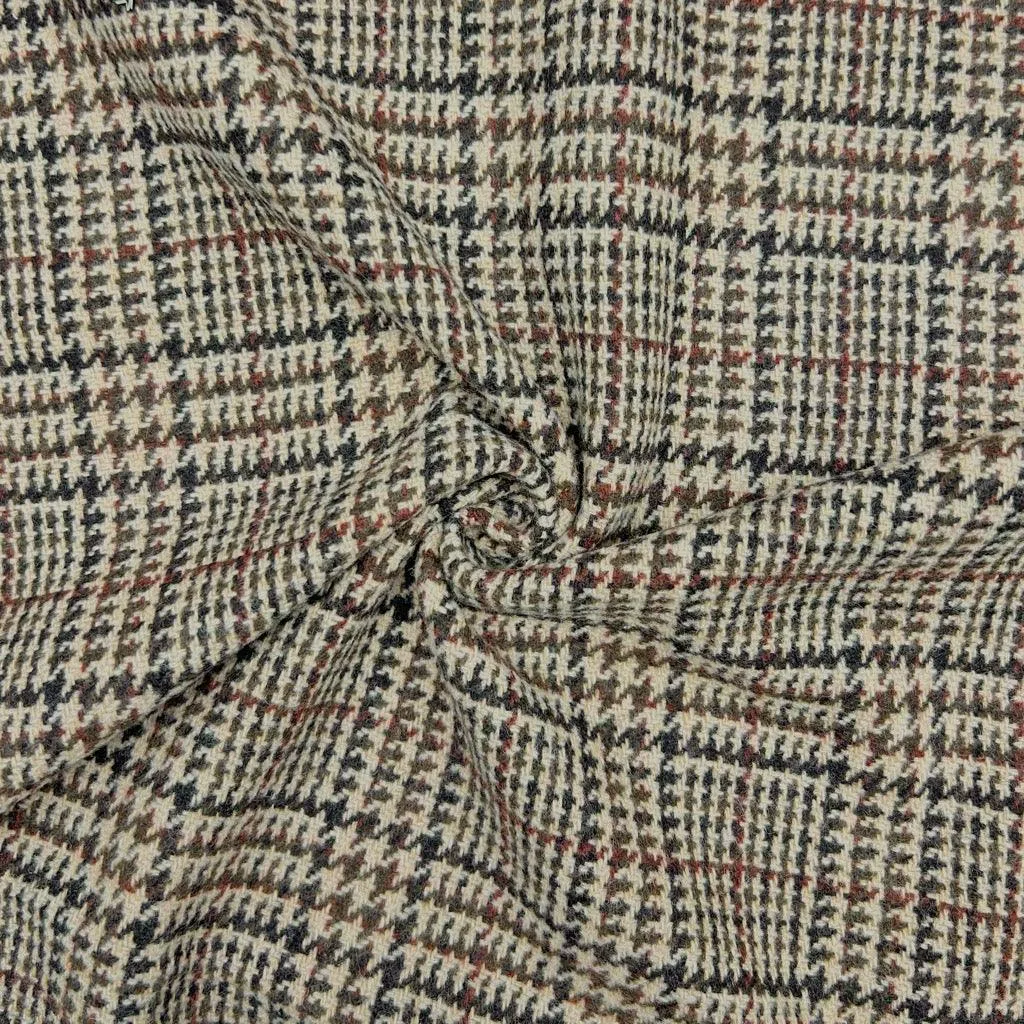 Brown Checkered Dogtooth Wool Blend Fabric