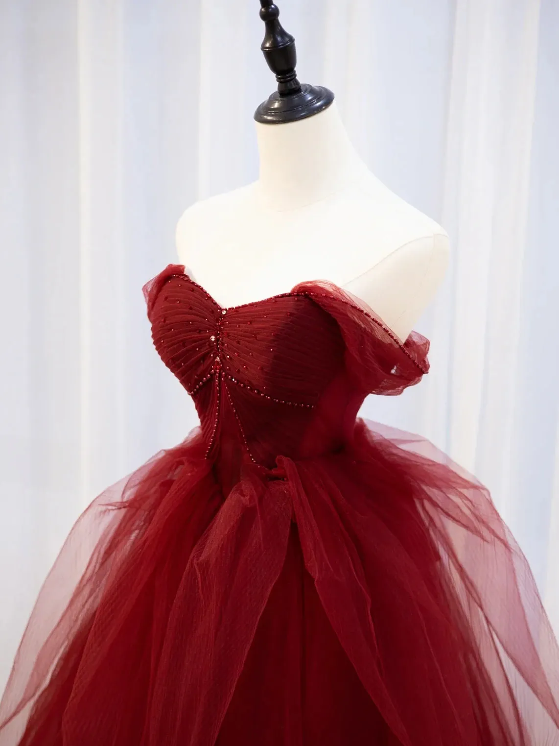 Burgundy Off Shoulder Tulle Lace Long Prom Dresses, Burgundy Formal Graduation Dresses