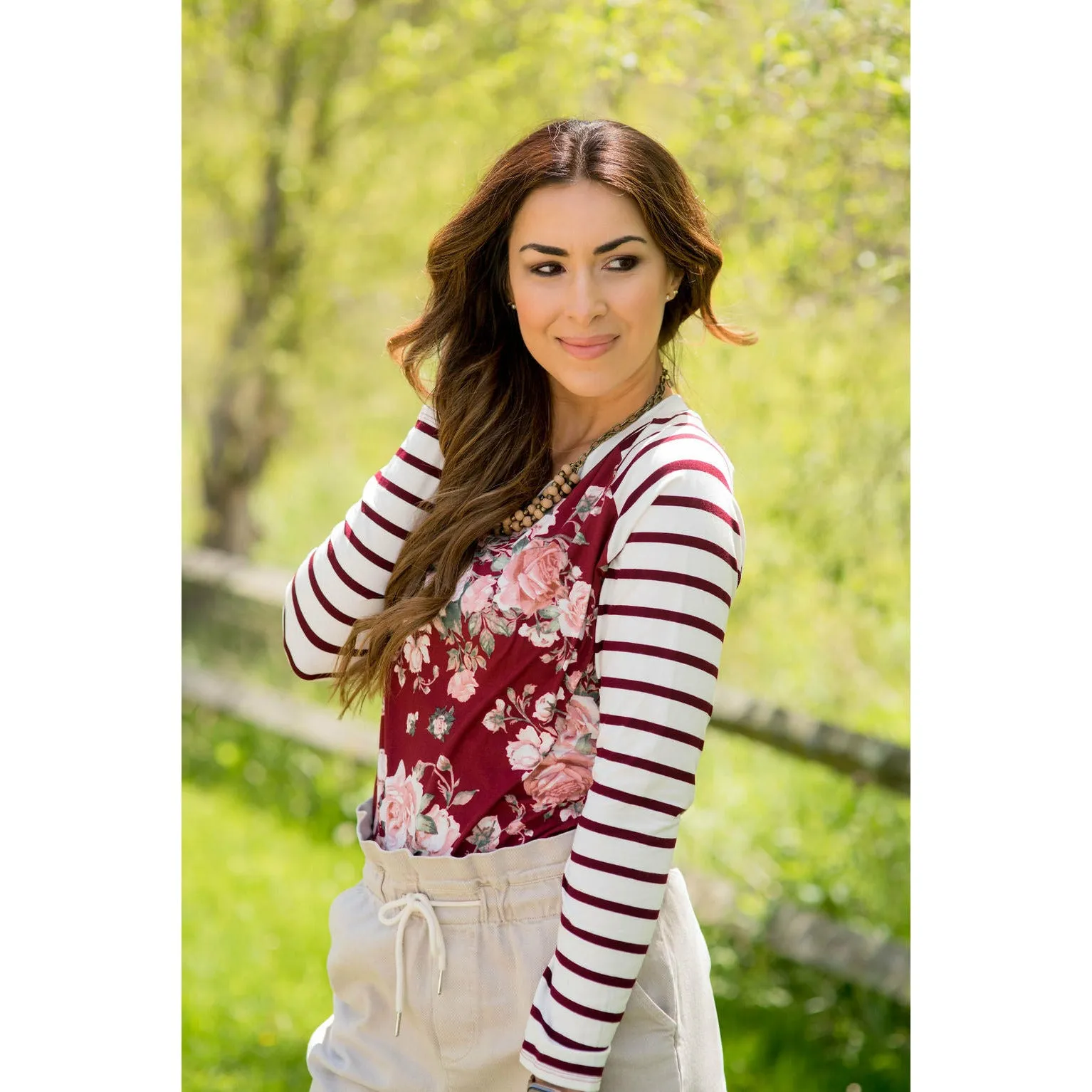 Burgundy Striped Sleeve Baseball Tee