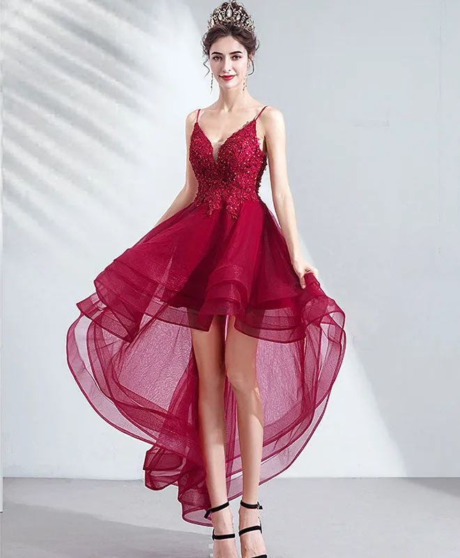 Burgundy Tulle Lace High Low Prom Dress Lace Homecoming Dress