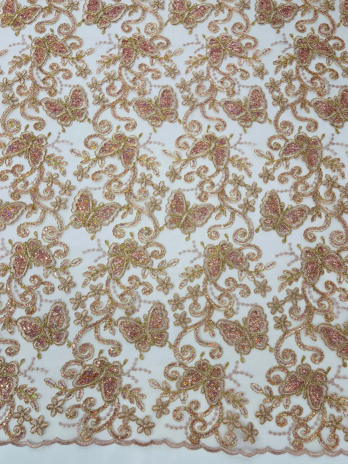 Butterfly Swirl Sequin Lace Fabric - Beautiful Metallic Butterfly Design on Lace Fabric By Yard