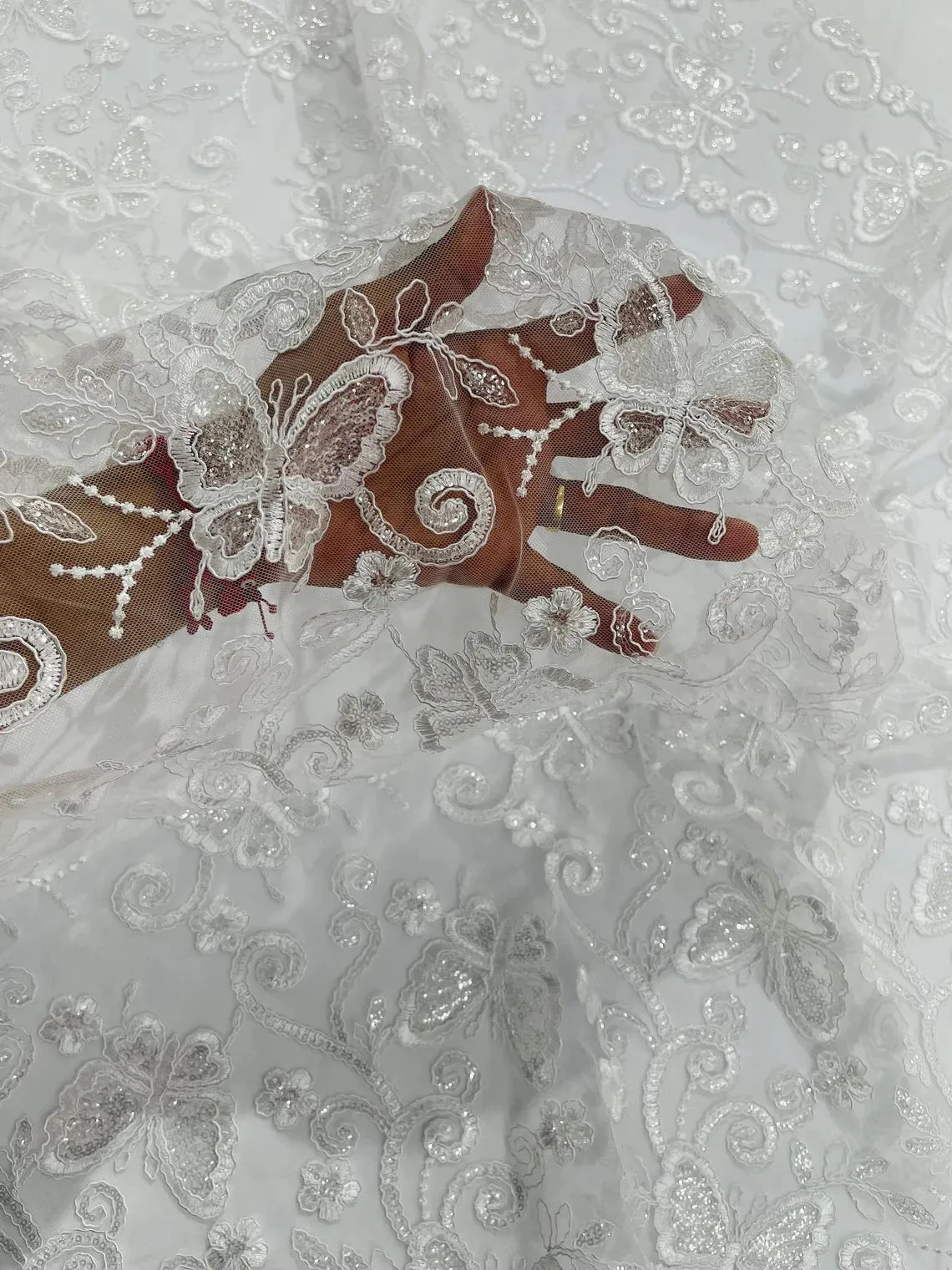 Butterfly Swirl Sequin Lace Fabric - Beautiful Metallic Butterfly Design on Lace Fabric By Yard