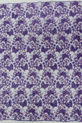 Butterfly Swirl Sequin Lace Fabric - Beautiful Metallic Butterfly Design on Lace Fabric By Yard