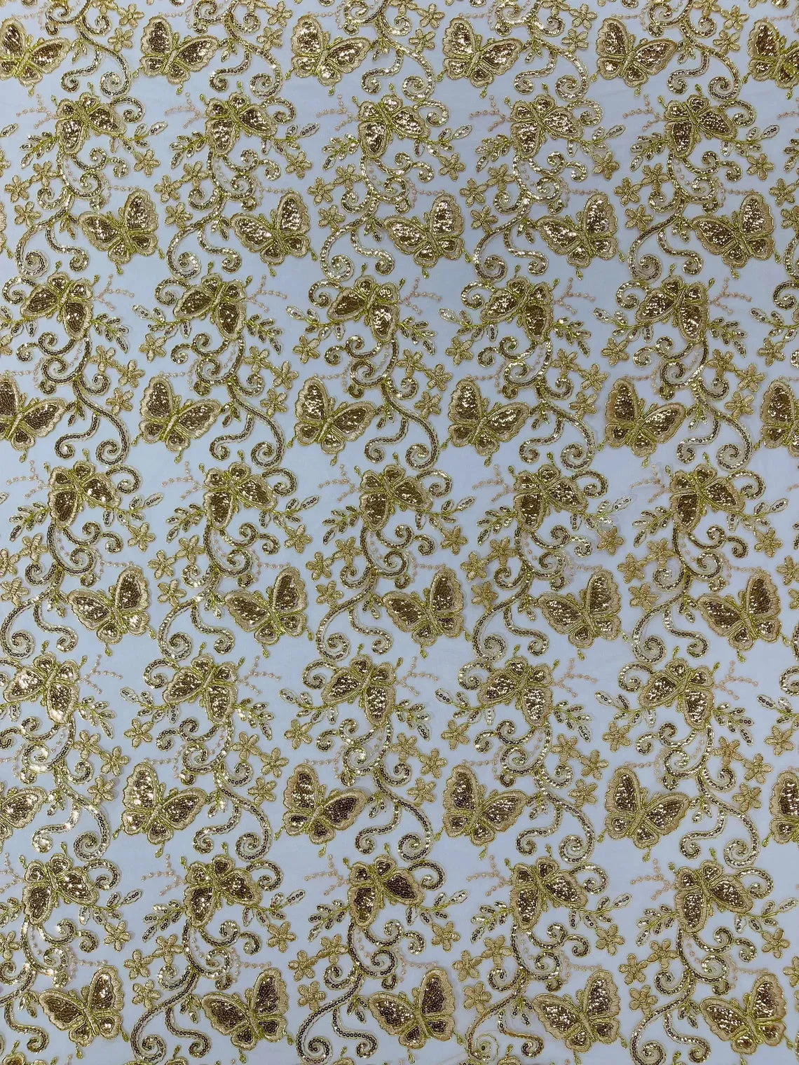 Butterfly Swirl Sequin Lace Fabric - Beautiful Metallic Butterfly Design on Lace Fabric By Yard