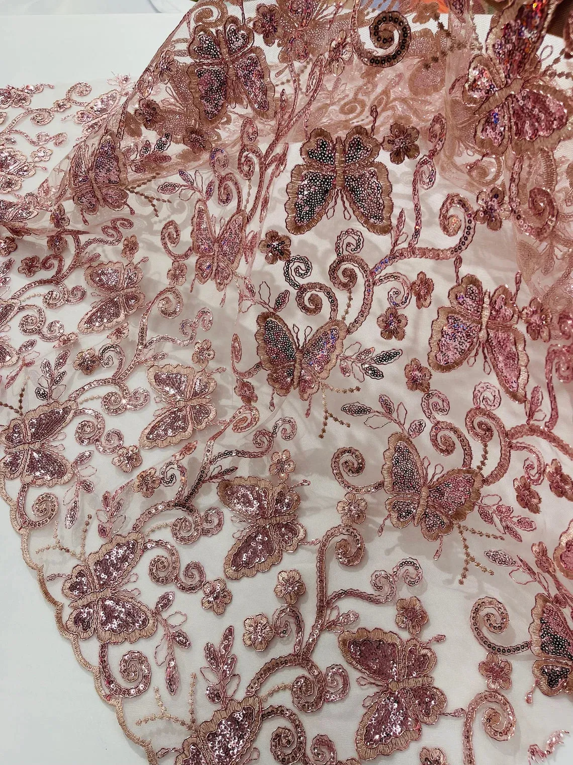 Butterfly Swirl Sequin Lace Fabric - Beautiful Metallic Butterfly Design on Lace Fabric By Yard