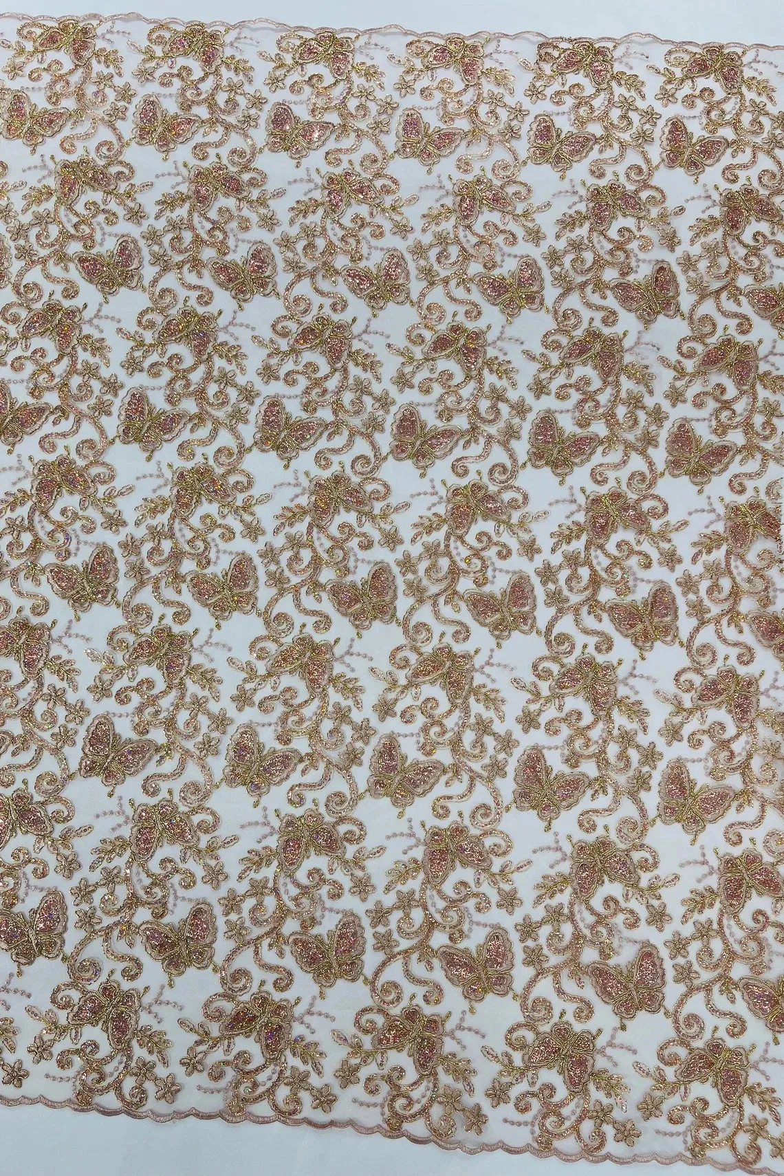 Butterfly Swirl Sequin Lace Fabric - Beautiful Metallic Butterfly Design on Lace Fabric By Yard