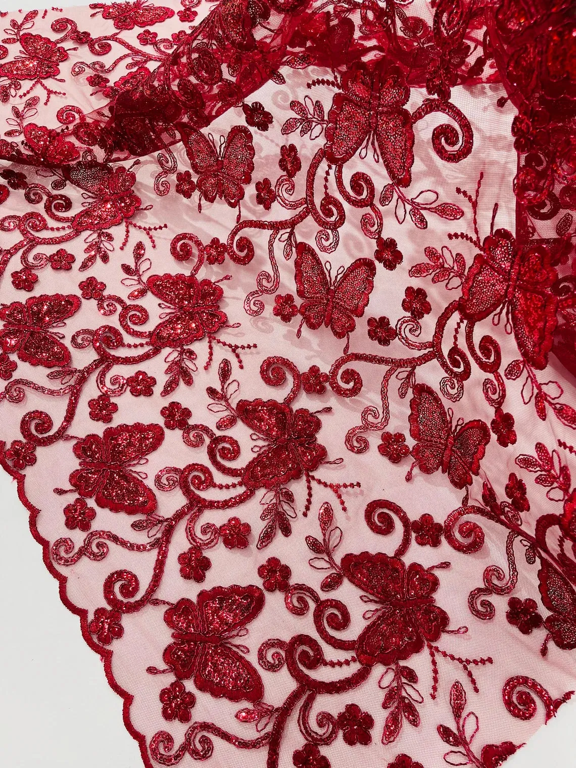 Butterfly Swirl Sequin Lace Fabric - Beautiful Metallic Butterfly Design on Lace Fabric By Yard