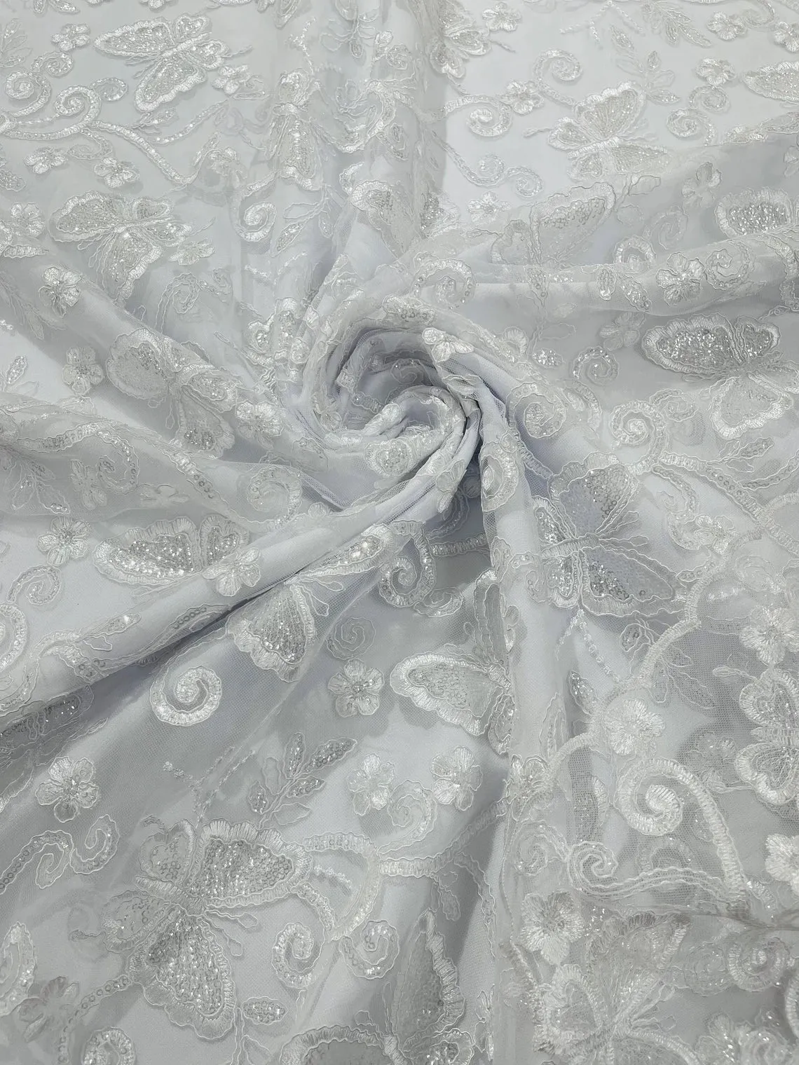 Butterfly Swirl Sequin Lace Fabric - Beautiful Metallic Butterfly Design on Lace Fabric By Yard