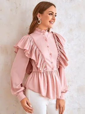 Button Front Frilled Neckline Peplum Blouse