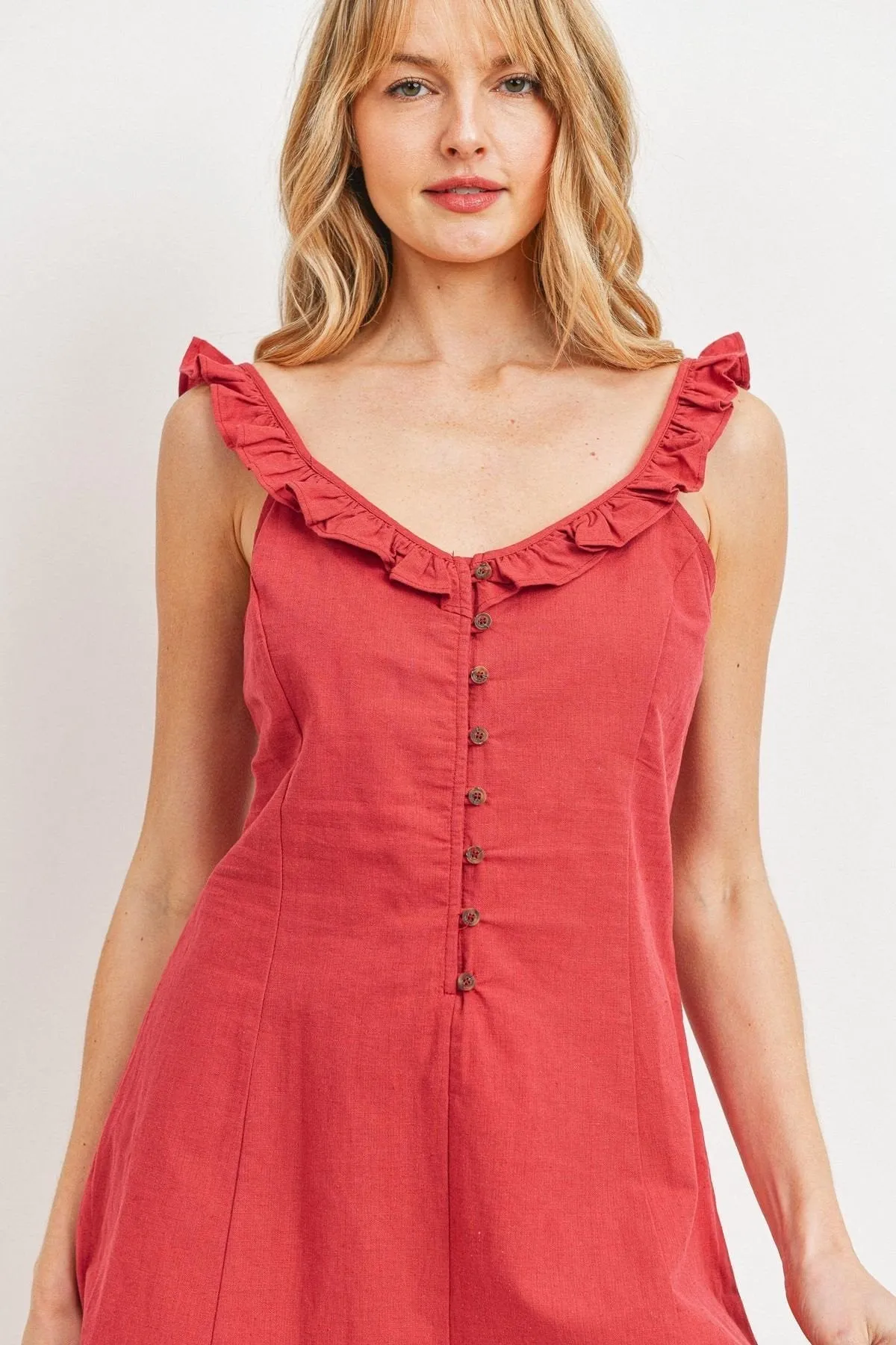 Buttoned Ruffled Strap Rompers