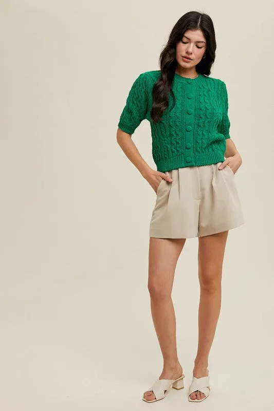 Cable Knit Puff Sleeve Cardigan - Green