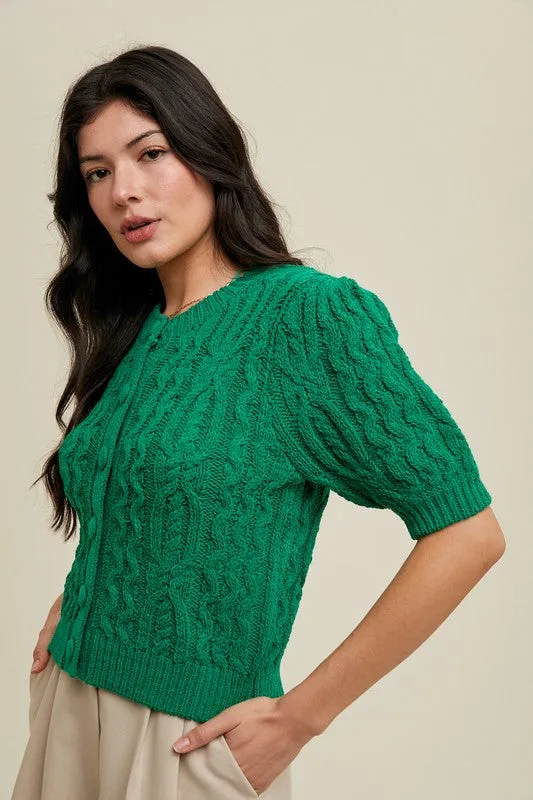 Cable Knit Puff Sleeve Cardigan - Green