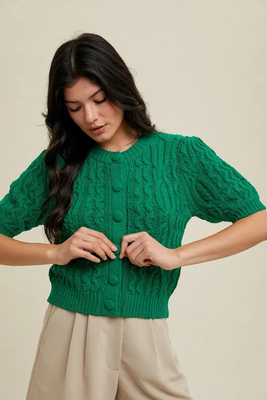 Cable Knit Puff Sleeve Cardigan - Green