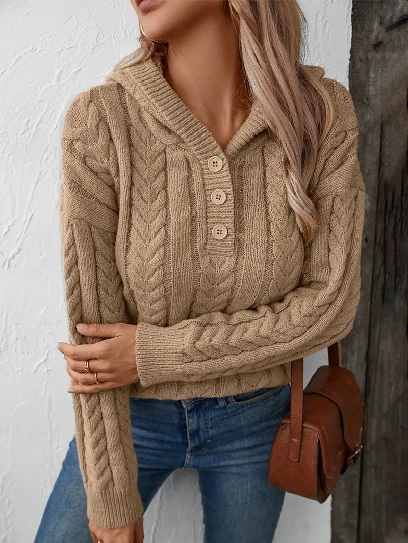 Cable Knit Sweater with Buttoned Collar – Cozy and Stylish Pullover