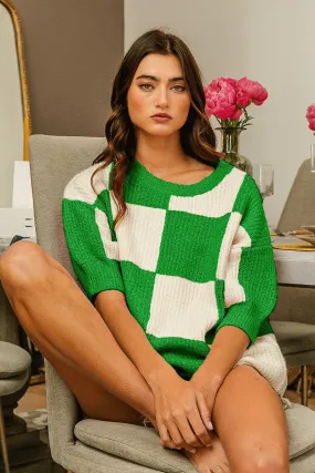 Checkered Contrast Round Neck Sweater